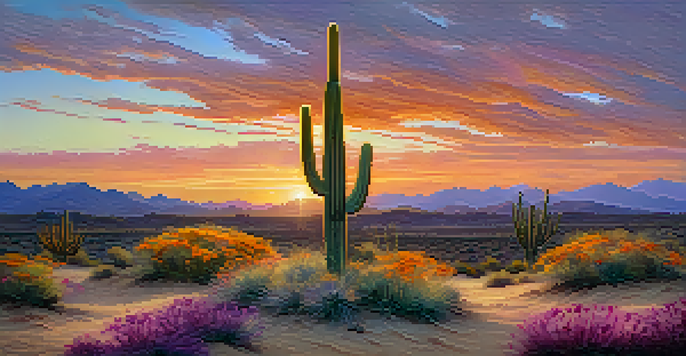 A tranquil desert scene with a small cactus and colorful wildflowers under a vibrant sunset sky.