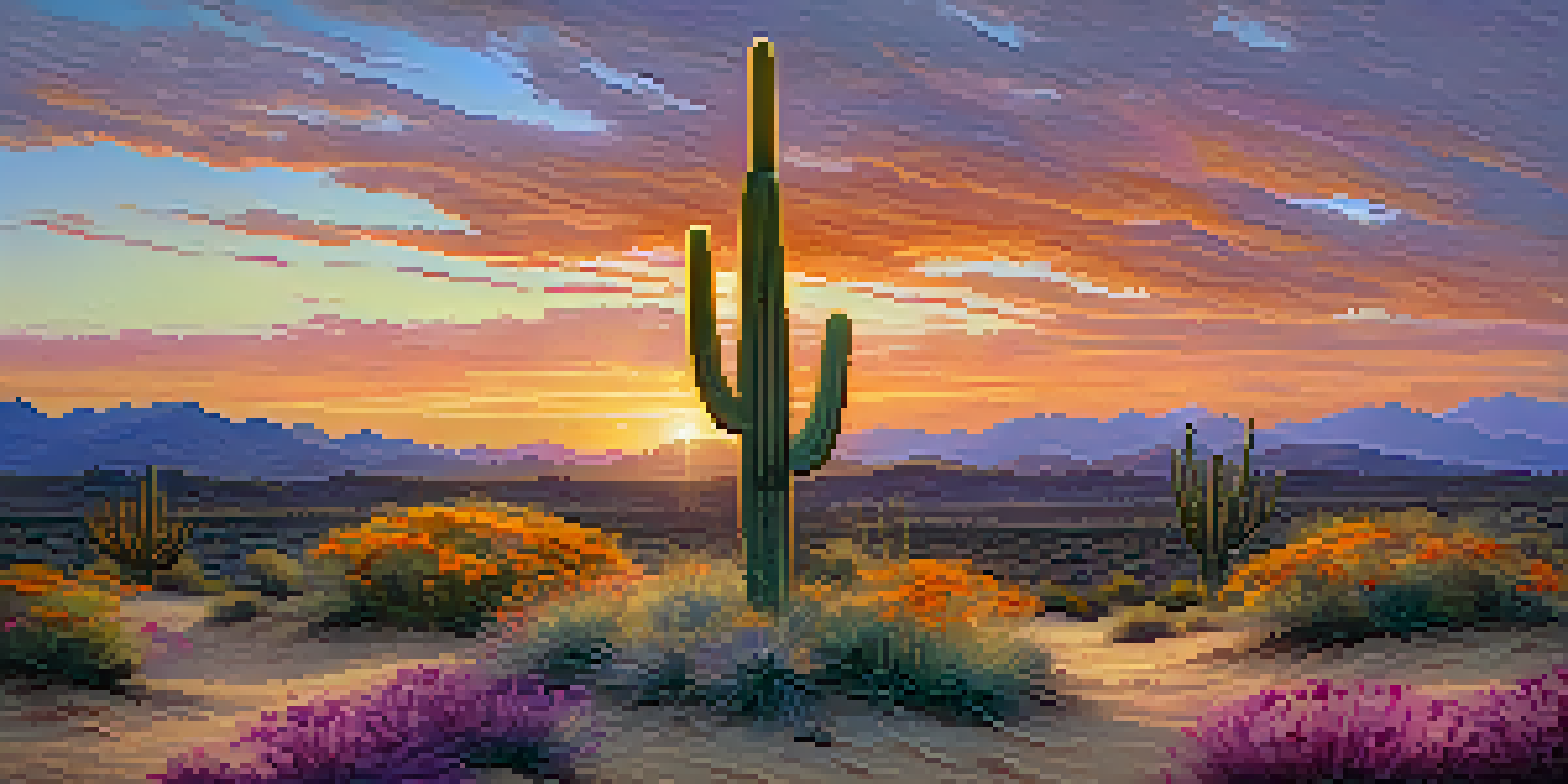 A tranquil desert scene with a small cactus and colorful wildflowers under a vibrant sunset sky.