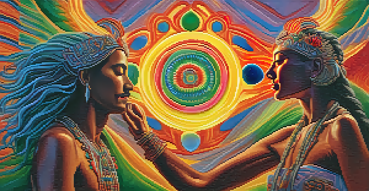 Two figures in a peyote ritual dance, one masculine and one feminine, surrounded by swirling colorful patterns representing spiritual energy and gender diversity.