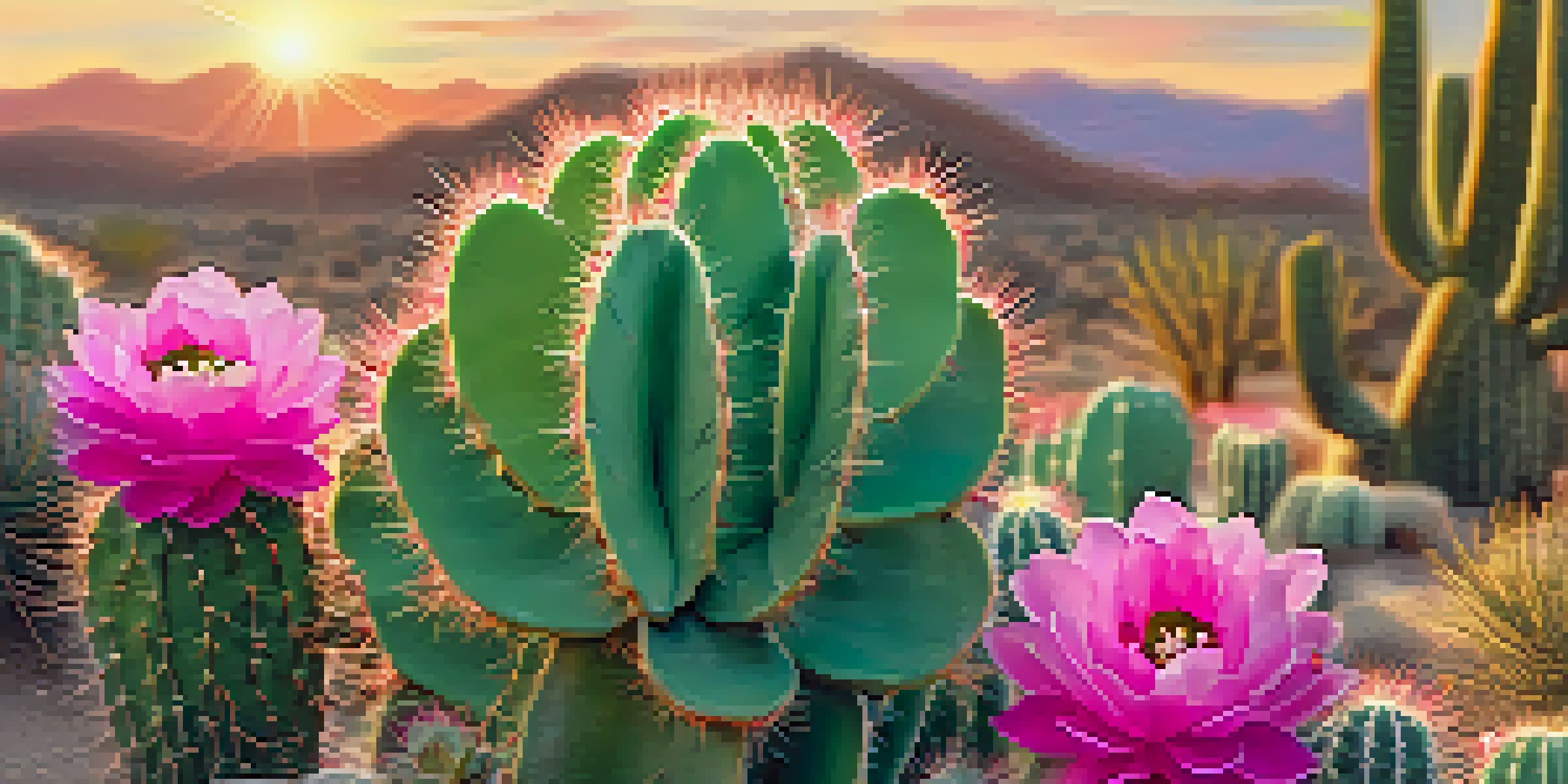 A close-up of a green peyote cactus with pink flowers in a sunlit desert.