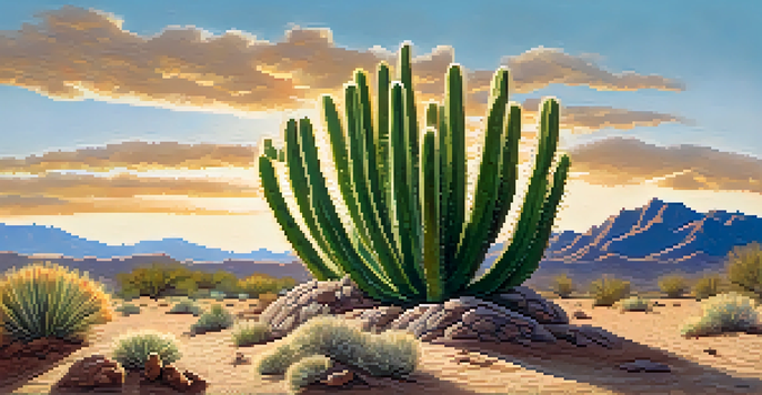 A small peyote cactus in a desert landscape, with mountains and blue sky in the background, illuminated by golden sunlight.