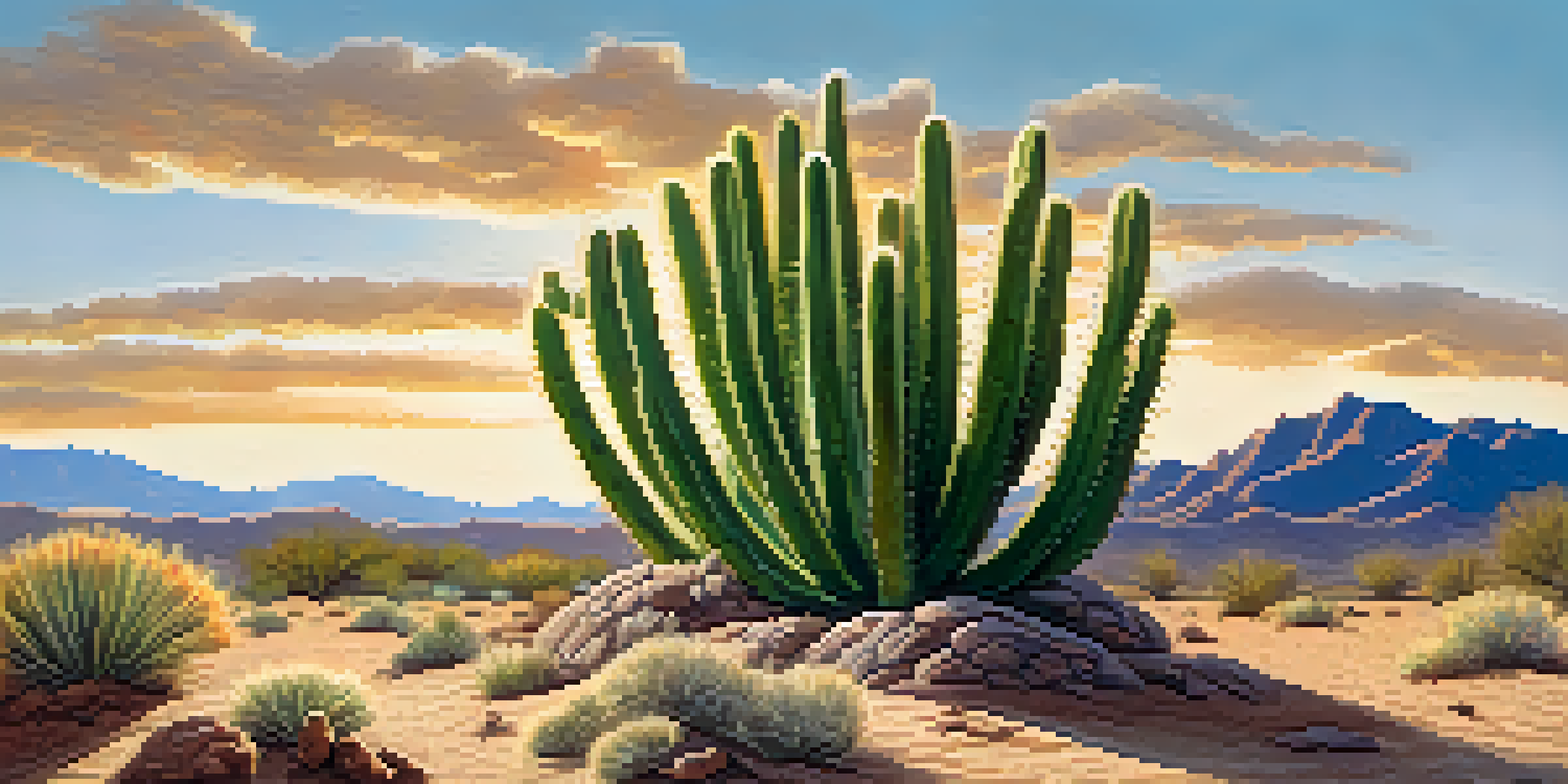A small peyote cactus in a desert landscape, with mountains and blue sky in the background, illuminated by golden sunlight.