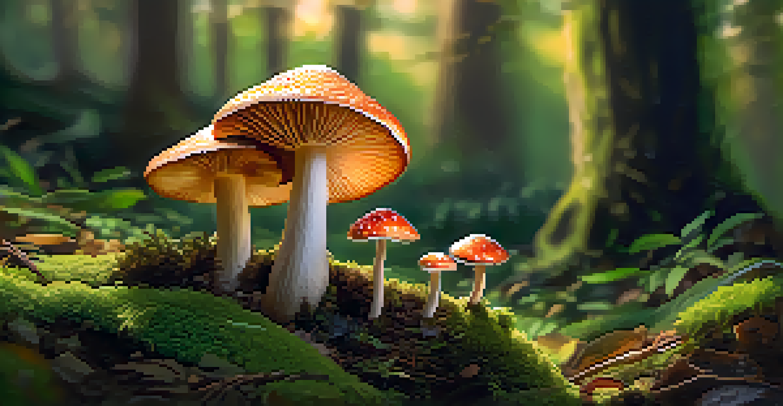 A close-up of psilocybin mushrooms surrounded by green moss and soft earth, illuminated by dappled sunlight.