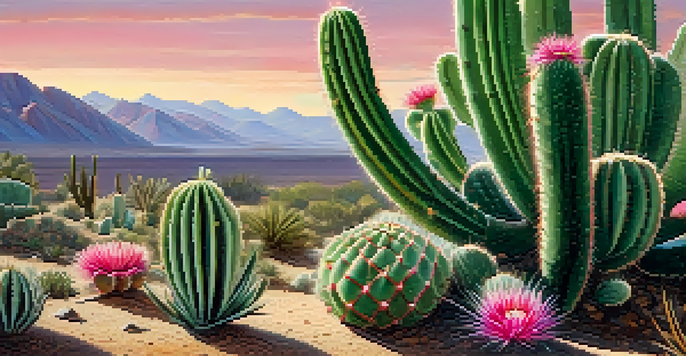 Close-up view of a peyote cactus with pink flowers in a desert setting.