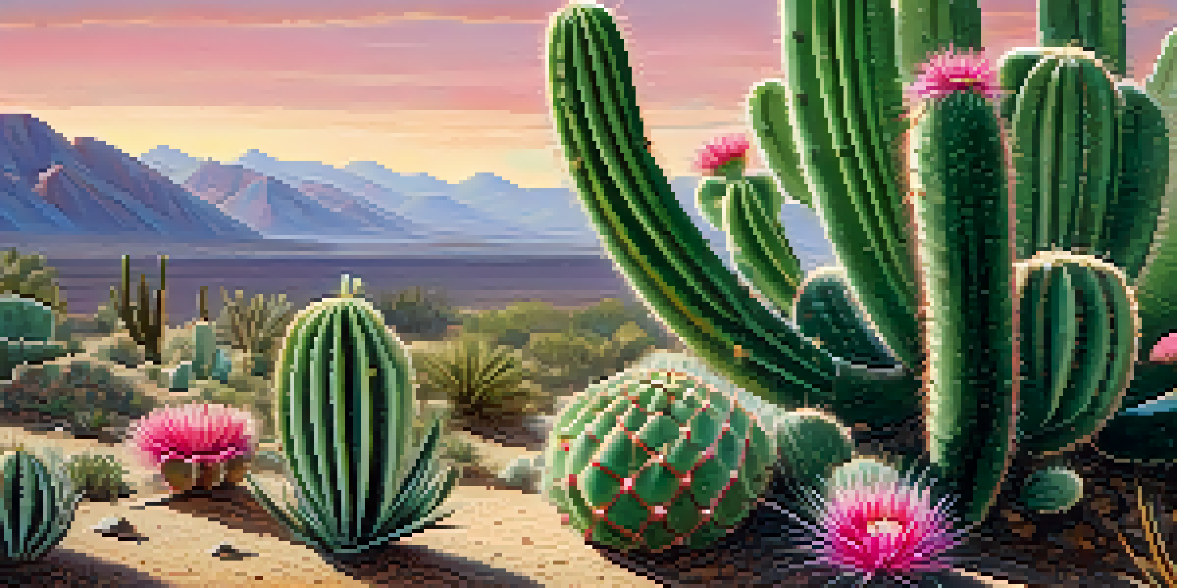 Close-up view of a peyote cactus with pink flowers in a desert setting.