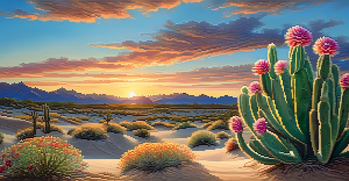 A close-up view of a peyote cactus with colorful flowers in a desert landscape at sunset, with rolling sand dunes in the background.