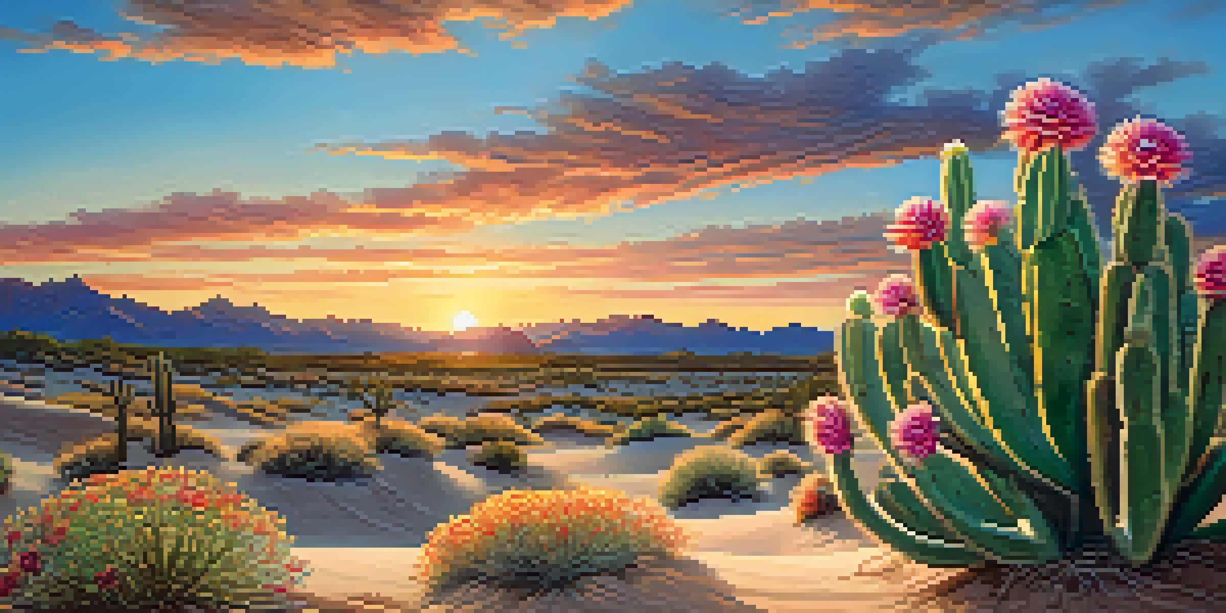 A close-up view of a peyote cactus with colorful flowers in a desert landscape at sunset, with rolling sand dunes in the background.