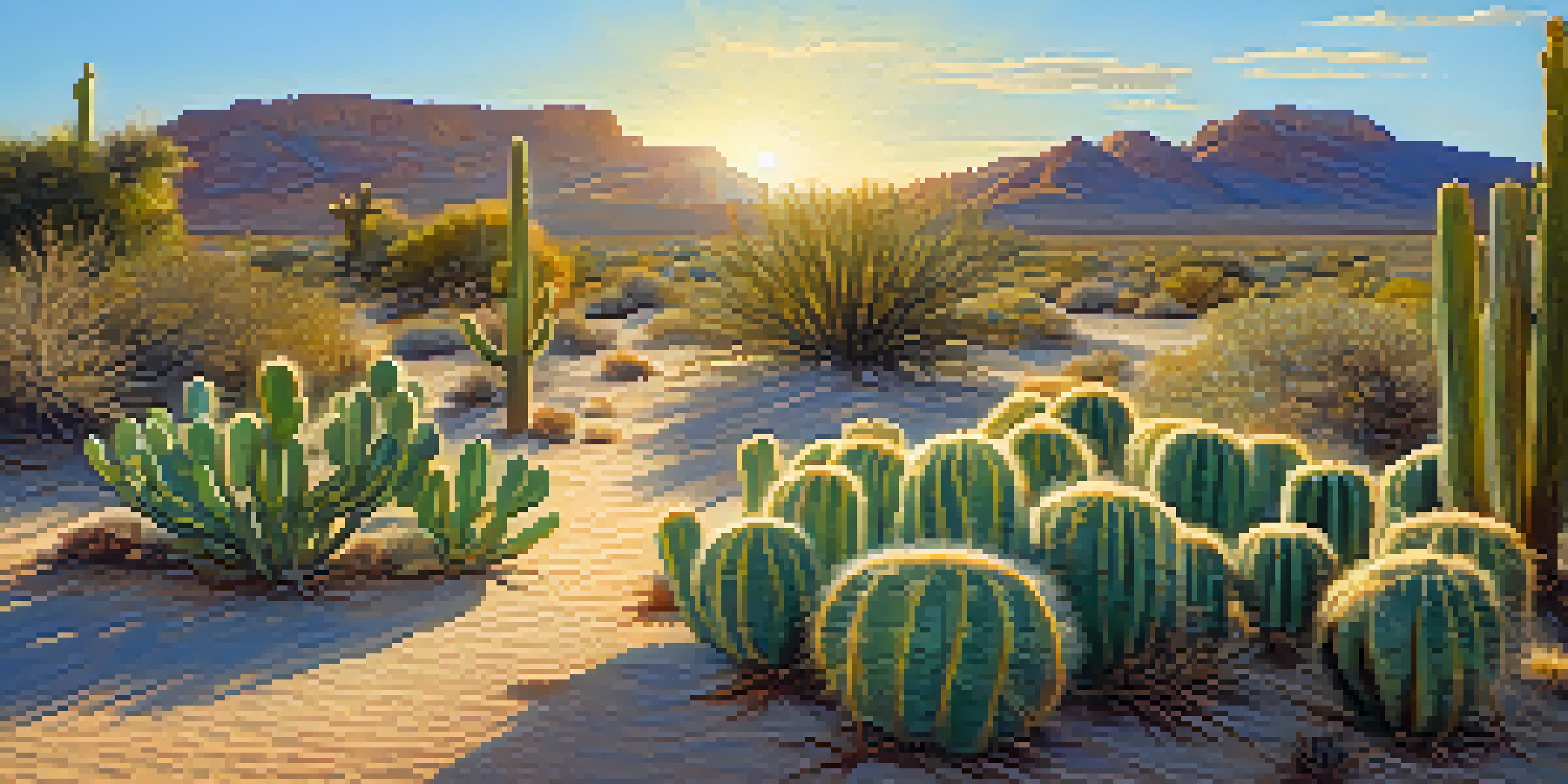 A peaceful desert scene with a small peyote cactus and colorful desert plants under a golden sunlight.