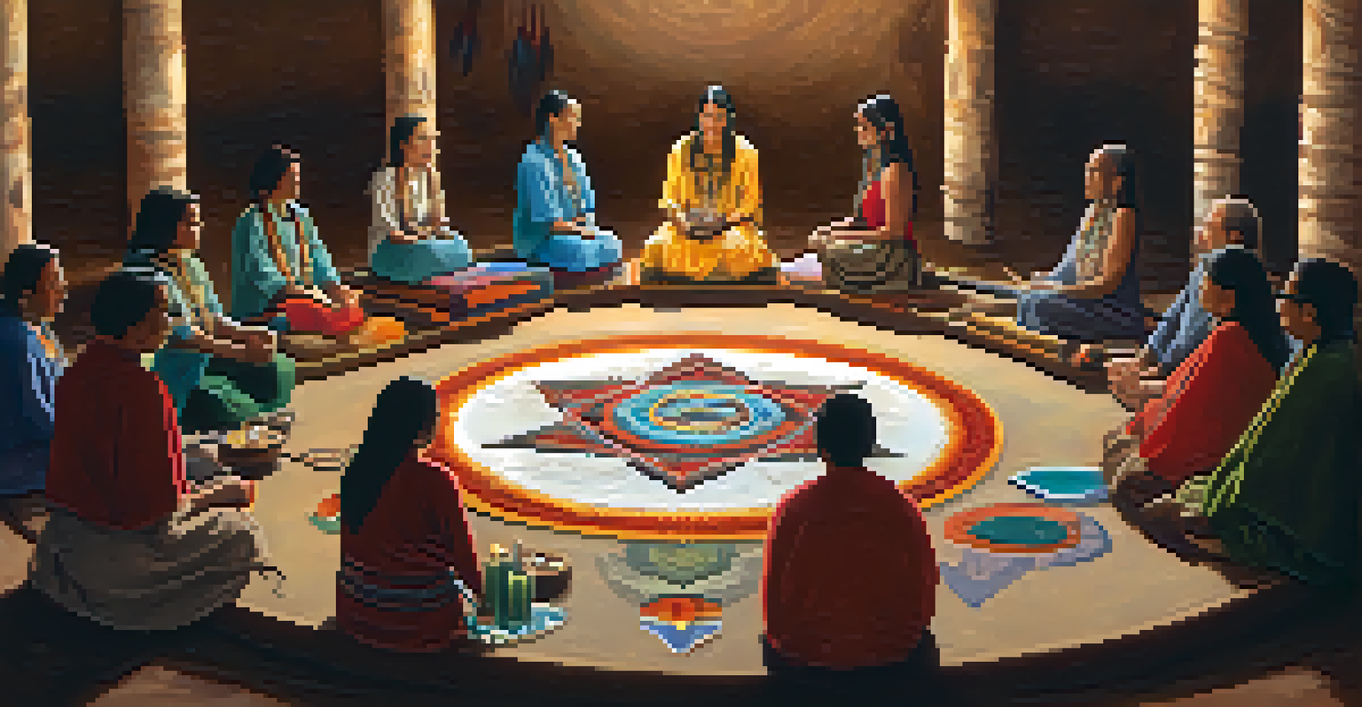 A group of people seated in a circle during a Peyote healing ceremony surrounded by sacred symbols.