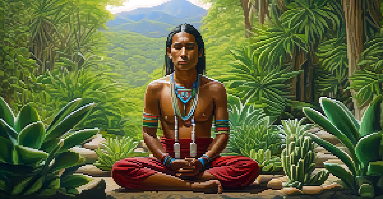 An indigenous person meditating in nature, holding a peyote cactus, surrounded by greenery and soft natural light, representing spirituality.