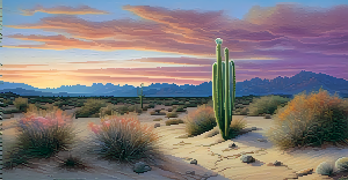 A peaceful desert scene at sunset with a small peyote cactus in the foreground and colorful skies.