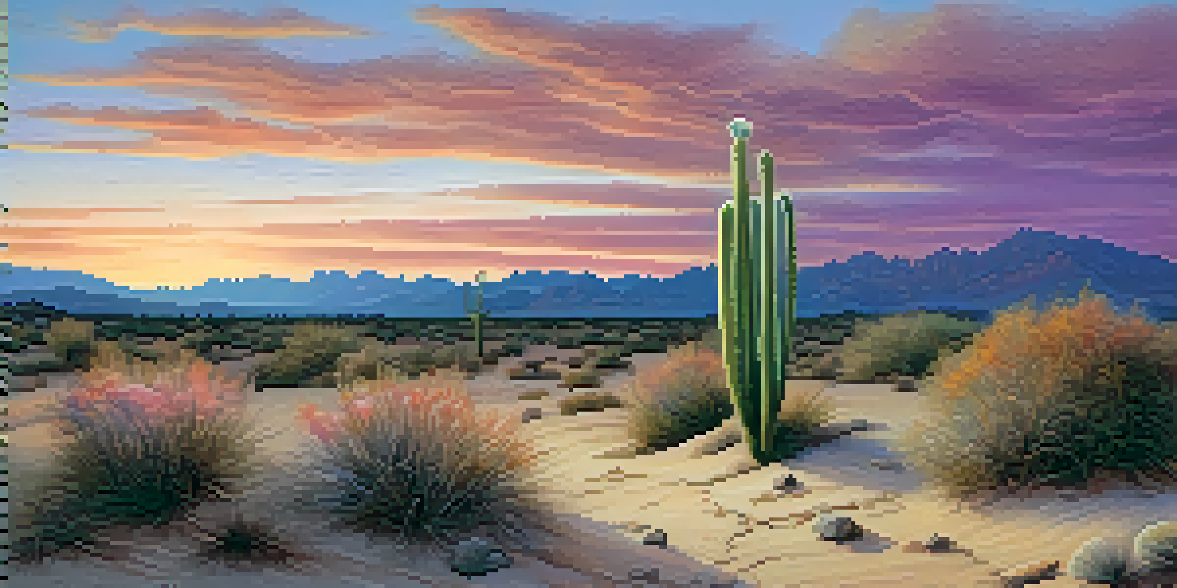 A peaceful desert scene at sunset with a small peyote cactus in the foreground and colorful skies.