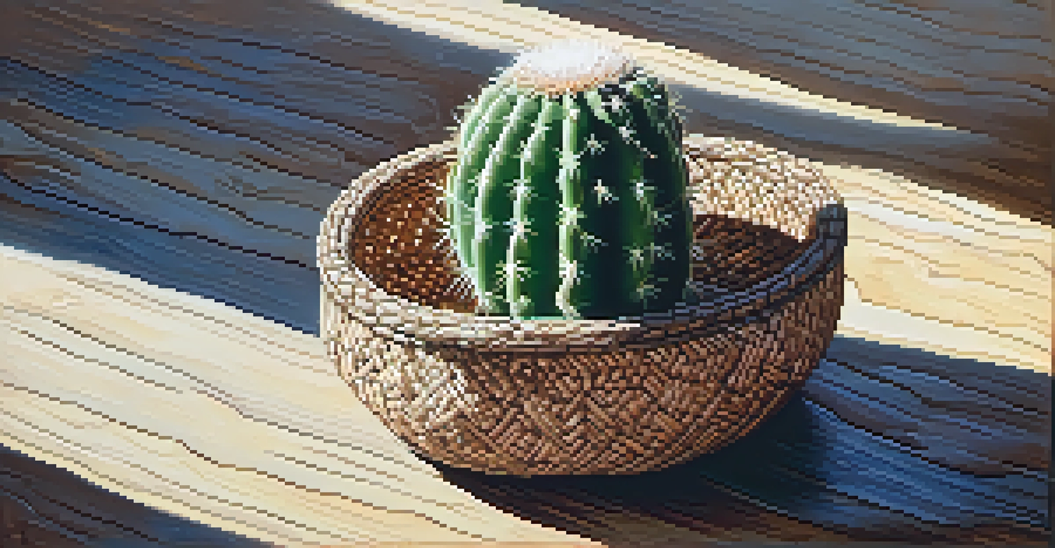 Close-up of a peyote cactus on a wooden table, illuminated by natural light, with rustic elements in the background.