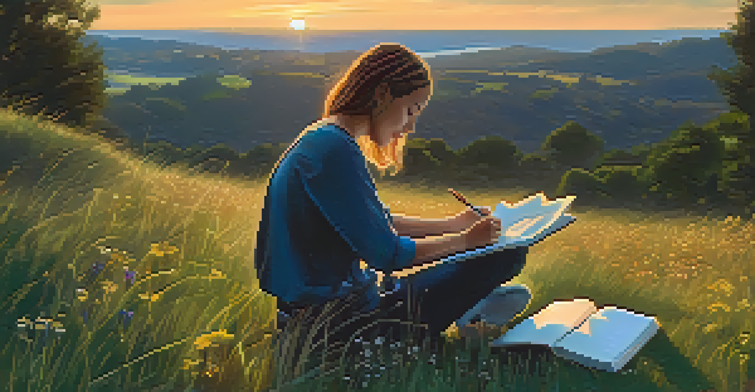 A person writing in a journal while sitting on the grass, with a sunset and nature in the background.