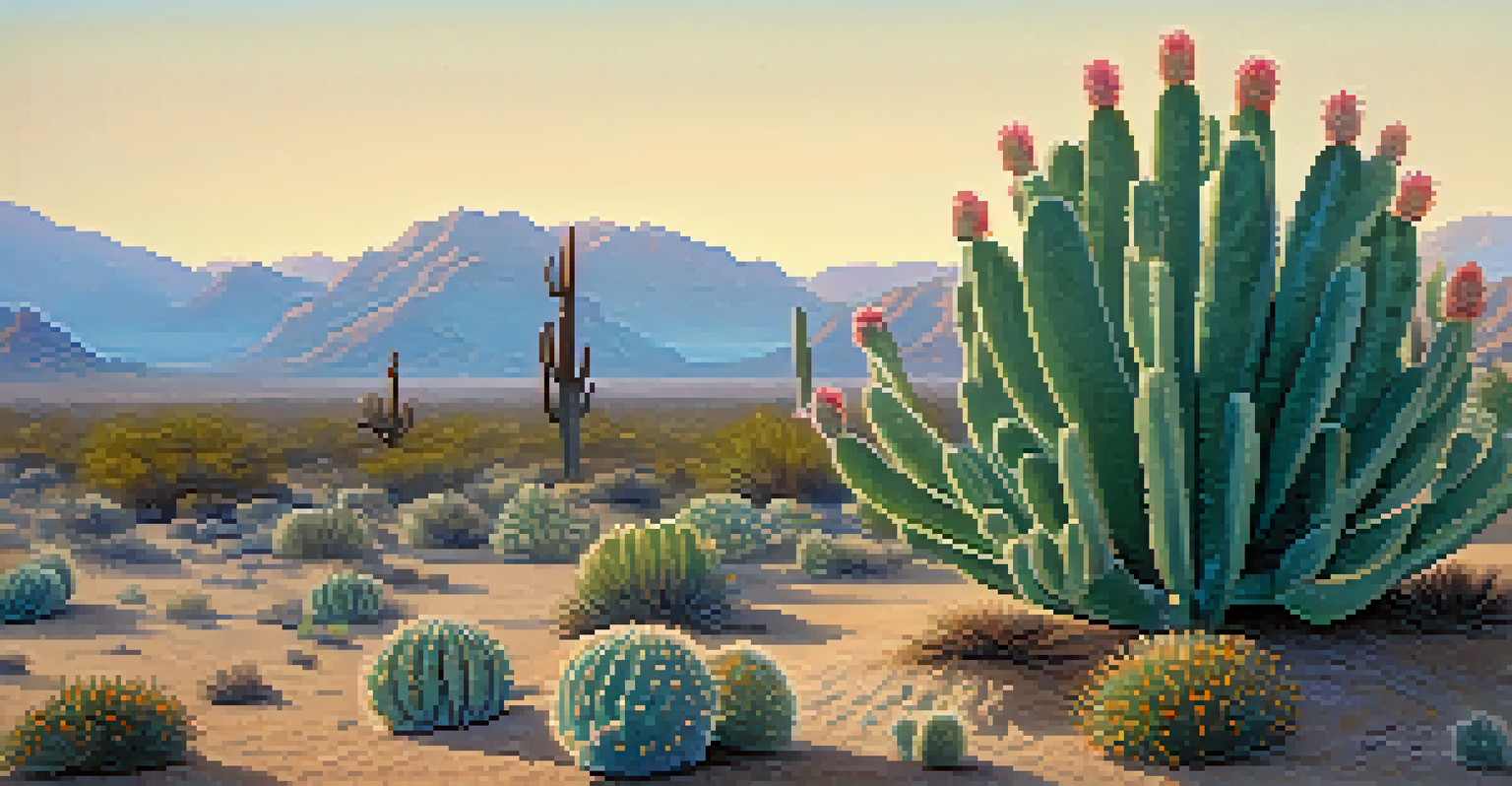 A close-up of a peyote cactus in a peaceful desert landscape at dawn.
