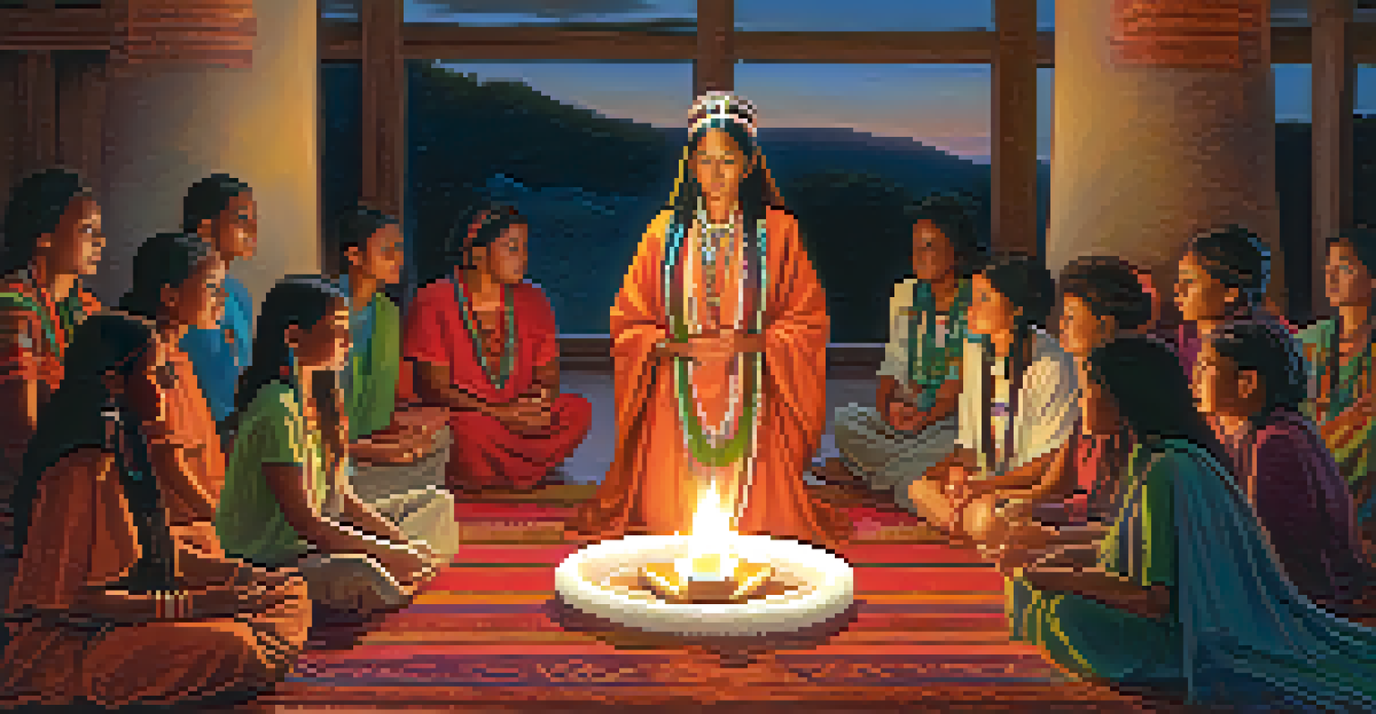 A female spiritual leader guiding a peyote ceremony, surrounded by attentive participants in a warm, inviting setting.