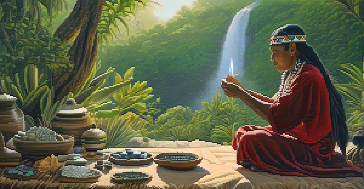 An Indigenous healer performing a ceremony with peyote in a tranquil natural setting, surrounded by symbolic items.