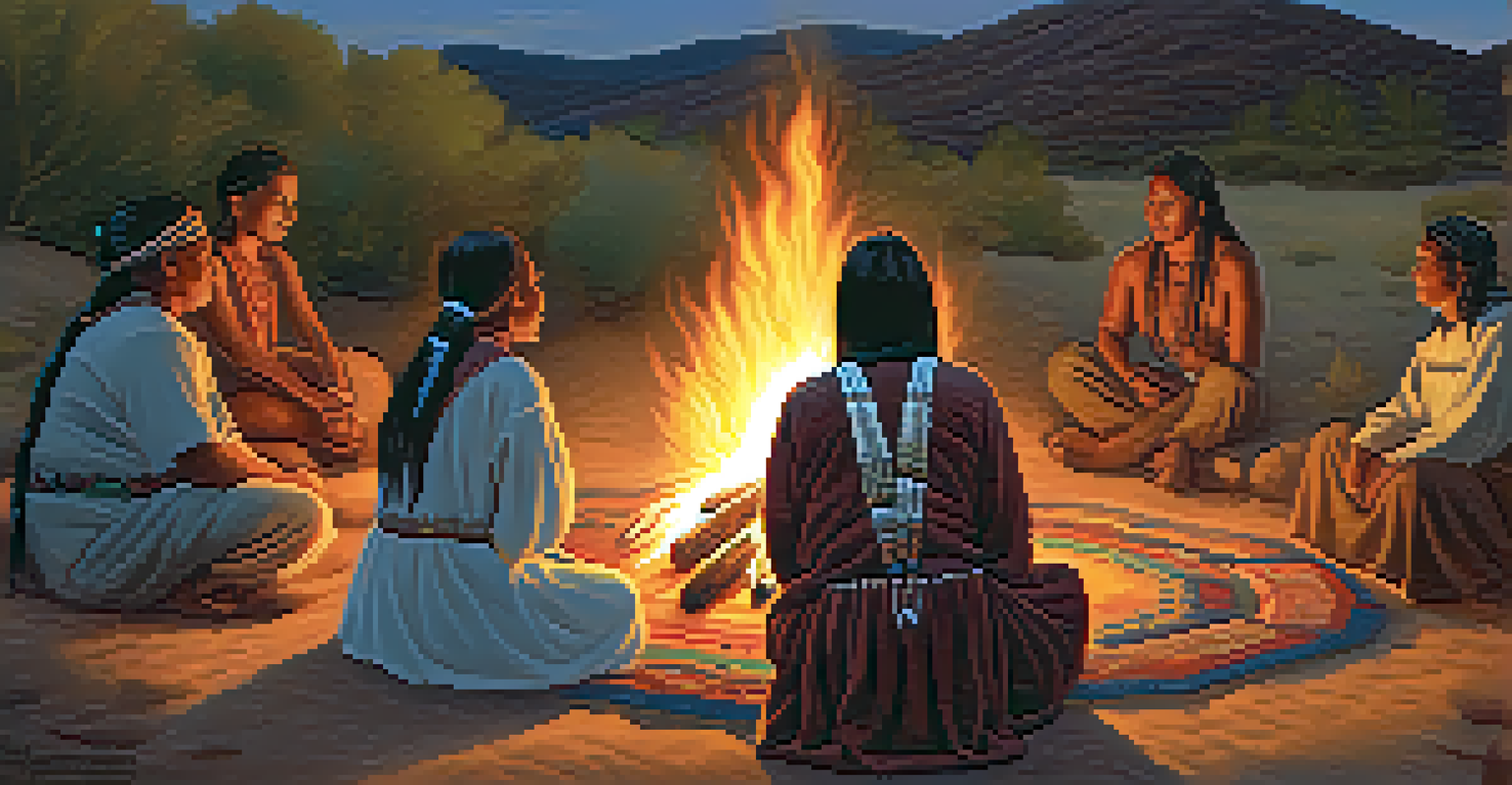 Indigenous ceremony with individuals gathered around a fire, sharing stories and songs in a warm and inviting atmosphere.