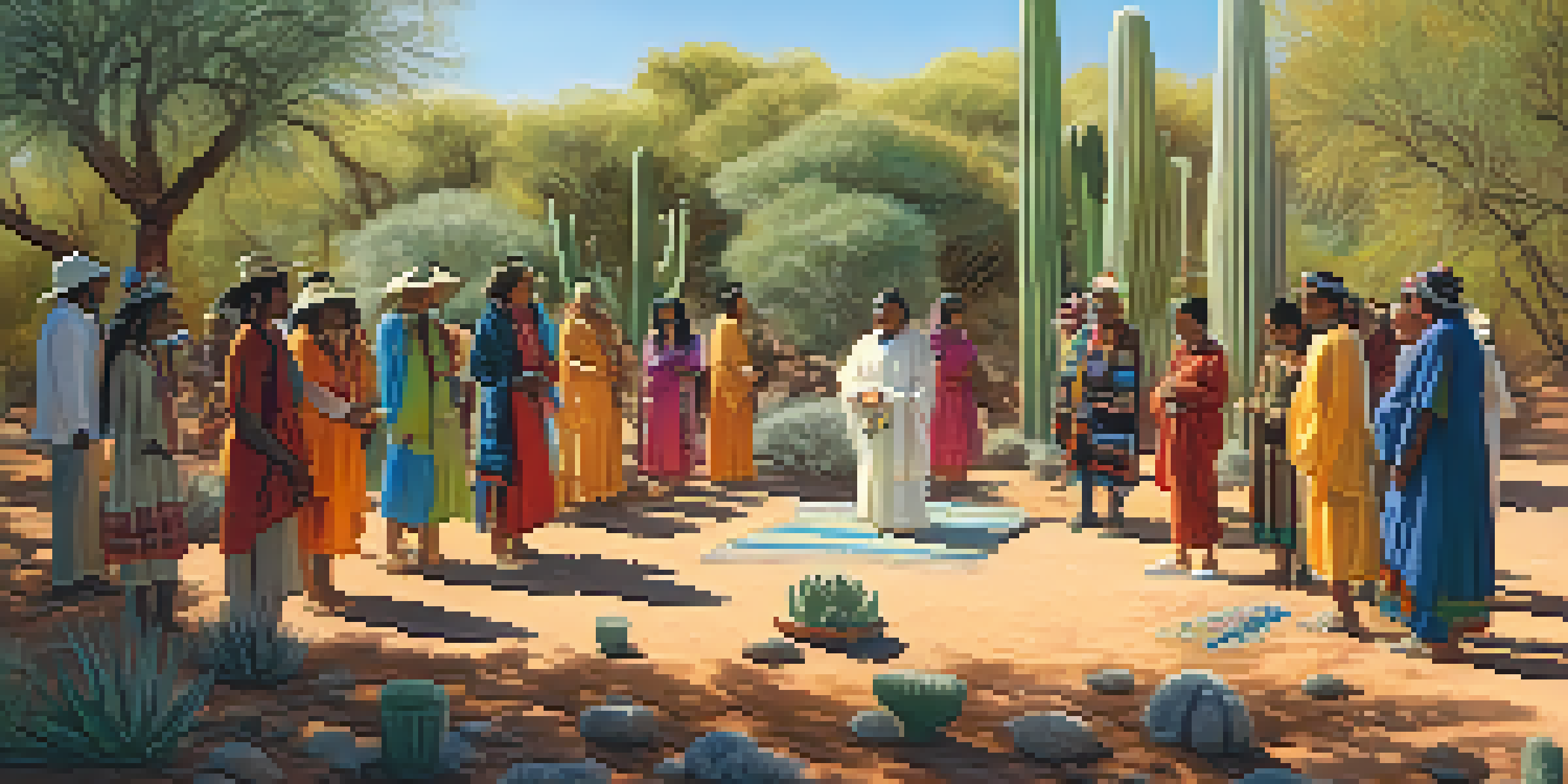 A colorful peyote ceremony in a natural setting with diverse participants dressed traditionally, surrounded by cacti and soft sunlight filtering through trees.