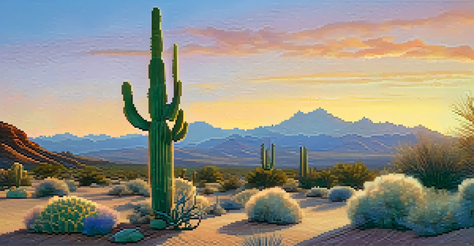 A peaceful desert scene at sunrise with a peyote cactus in the foreground and mountains in the background.