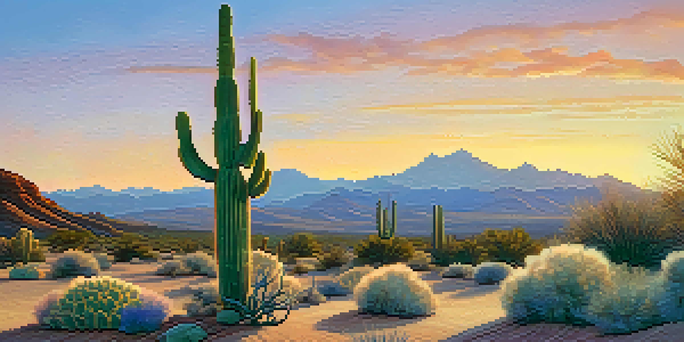 A peaceful desert scene at sunrise with a peyote cactus in the foreground and mountains in the background.