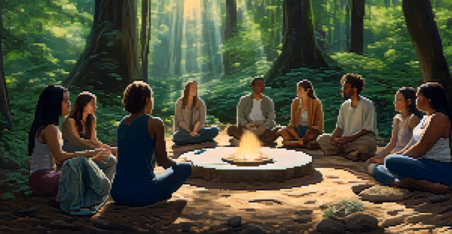 A healing circle in a forest with participants sharing stories, surrounded by greenery and soft sunlight.