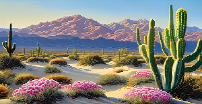 A colorful peyote cactus in a desert landscape with sand dunes and mountains in the background under a blue sky.