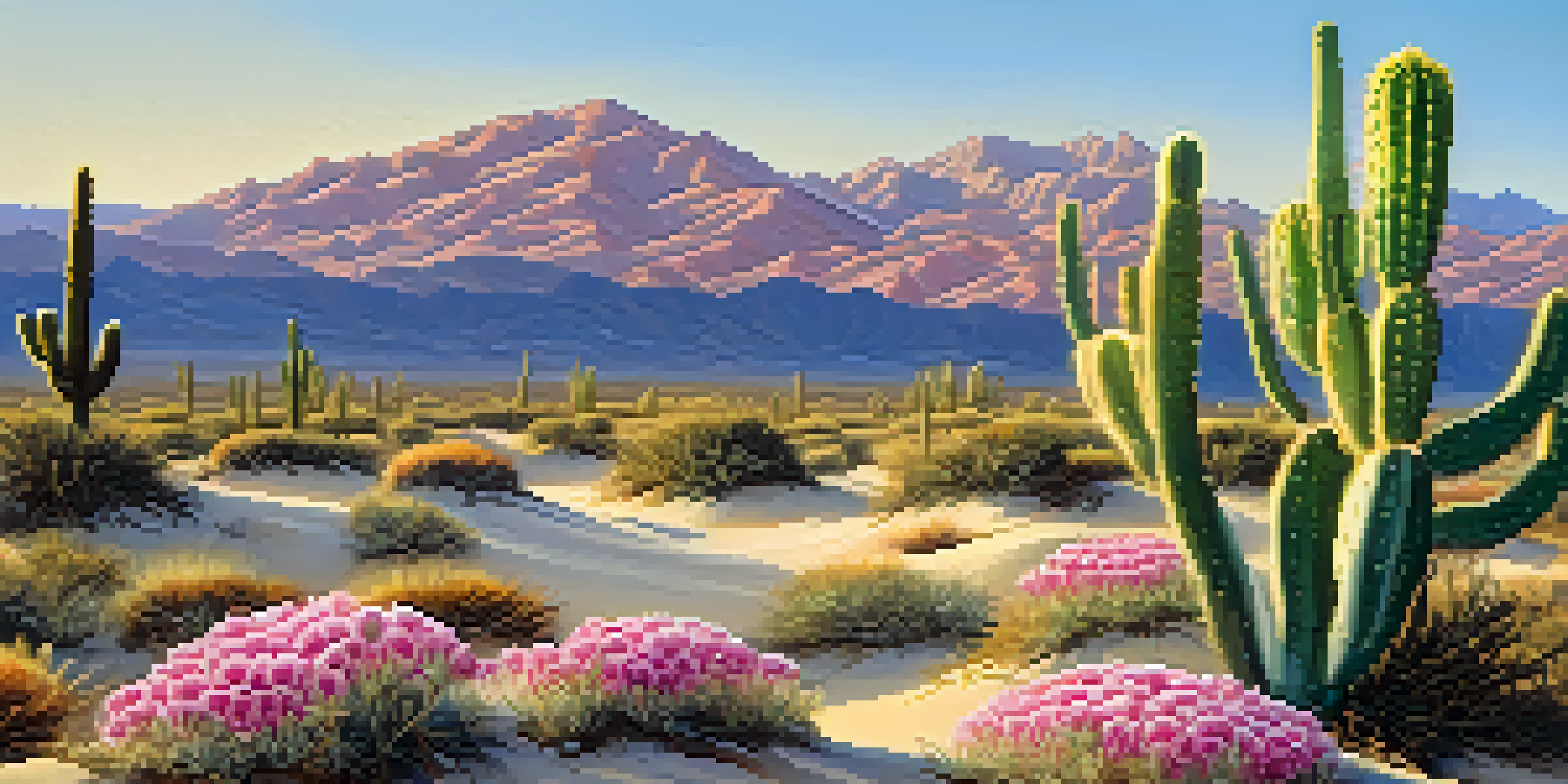 A colorful peyote cactus in a desert landscape with sand dunes and mountains in the background under a blue sky.