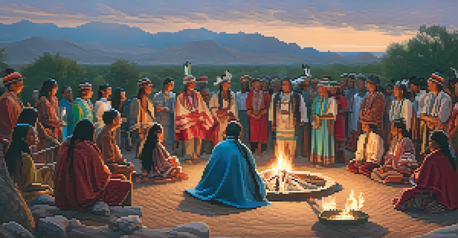 Indigenous individuals in traditional attire participating in a peyote ceremony around a fire pit in a natural setting.