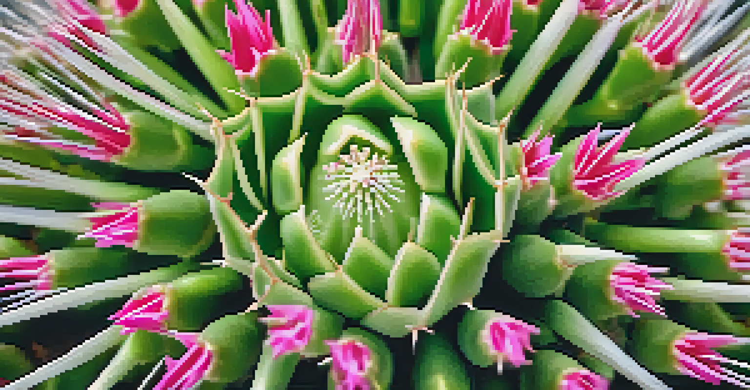 A close-up view of a peyote cactus highlighting its textured surface, white spines, and blooming pink flowers, illuminated by soft morning light.
