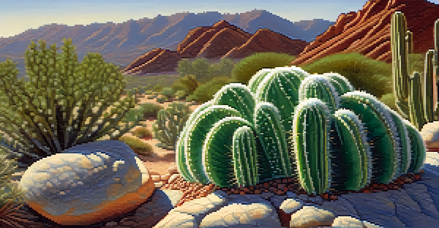 Close-up view of a peyote cactus with spines on a rock, surrounded by a blurred desert landscape.