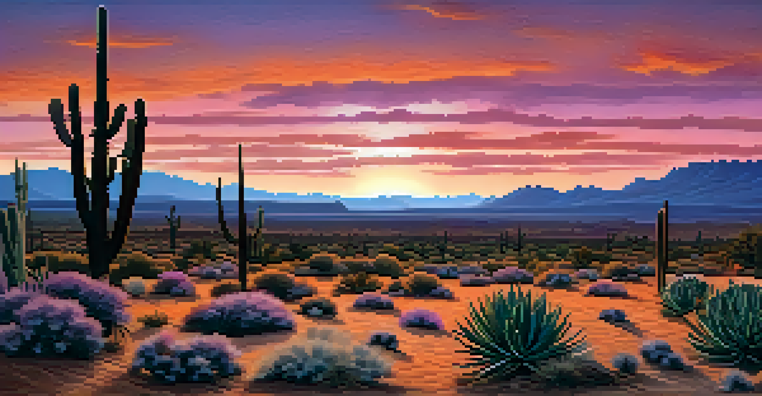 A desert sunset with silhouettes of peyote cacti in the foreground against a sky of orange, pink, and purple hues, conveying tranquility.