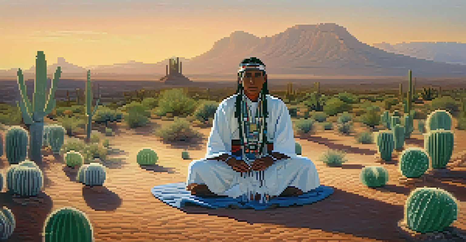 Indigenous person in traditional attire participating in a ceremony among peyote cacti.