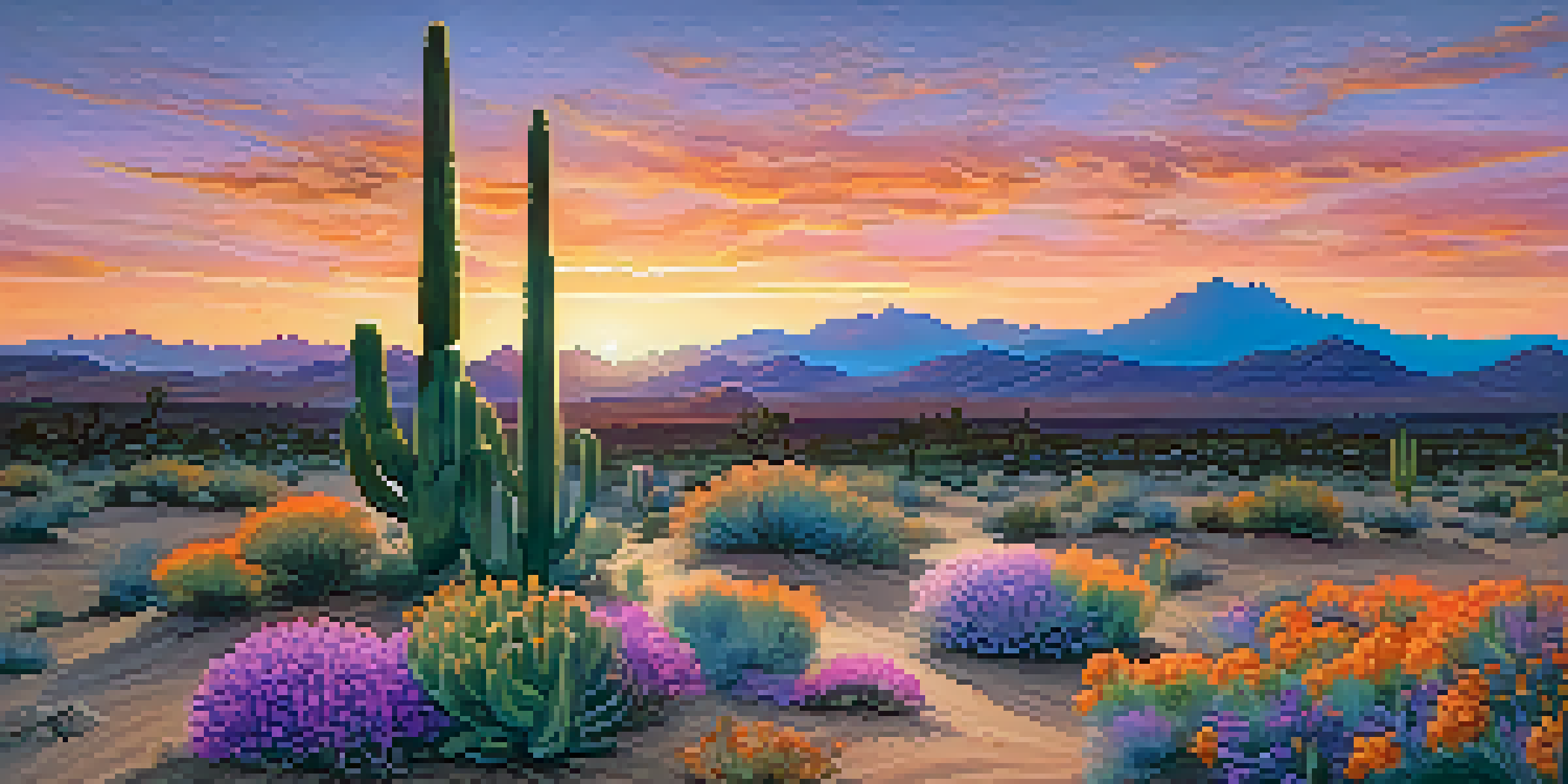 A tranquil desert scene with a small peyote cactus and colorful wildflowers under a sunset sky.