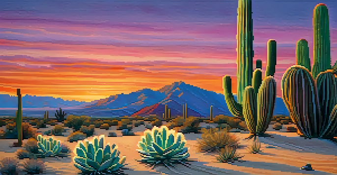 A peaceful desert landscape with a peyote cactus in the foreground against a colorful sunset sky.