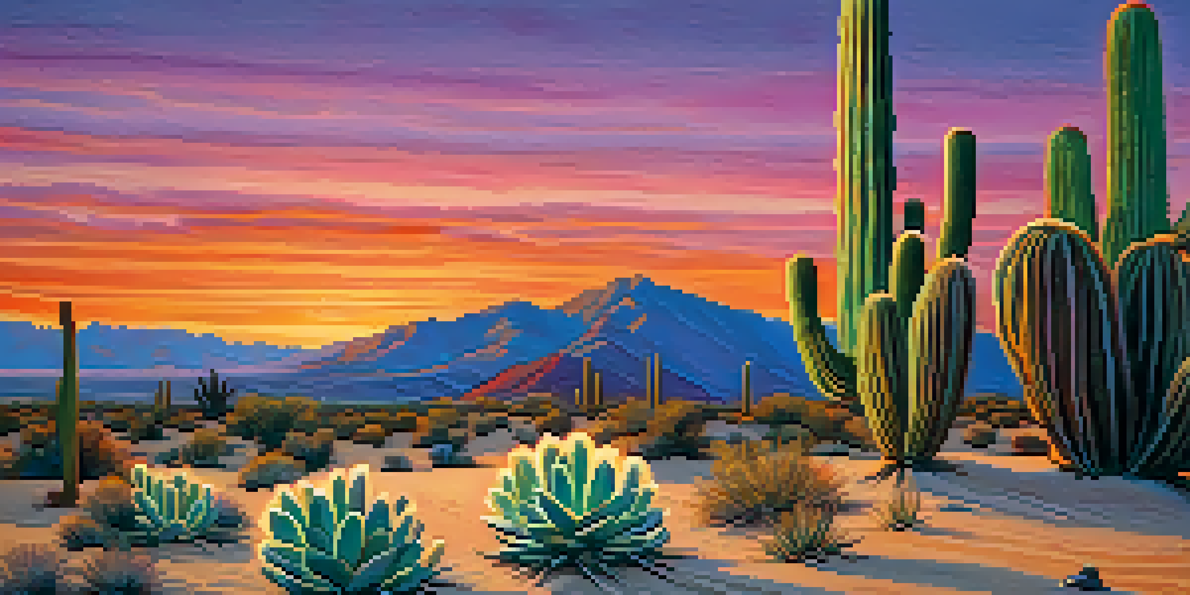A peaceful desert landscape with a peyote cactus in the foreground against a colorful sunset sky.