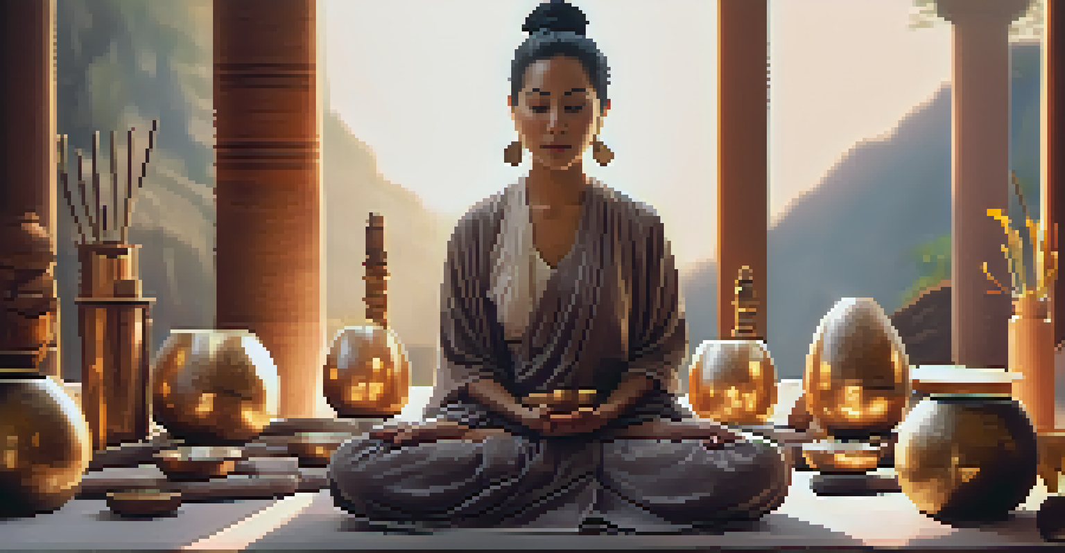 A person meditating with closed eyes, surrounded by sound healing instruments, showing a peaceful expression.