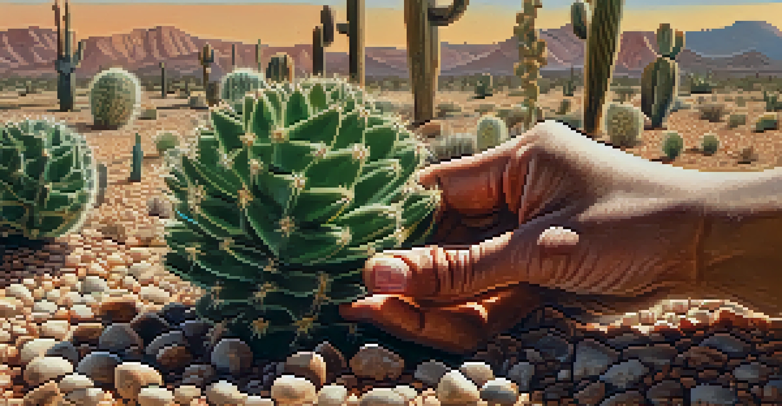 A close-up of a hand carefully harvesting a peyote cactus in a desert landscape.