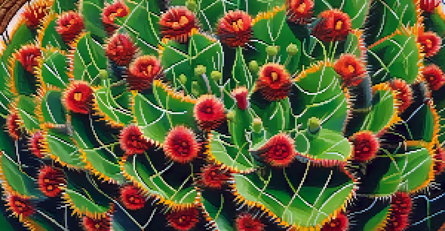 A detailed close-up of a peyote cactus, highlighting its spines and green color, with traditional Indigenous items softly blurred in the background.