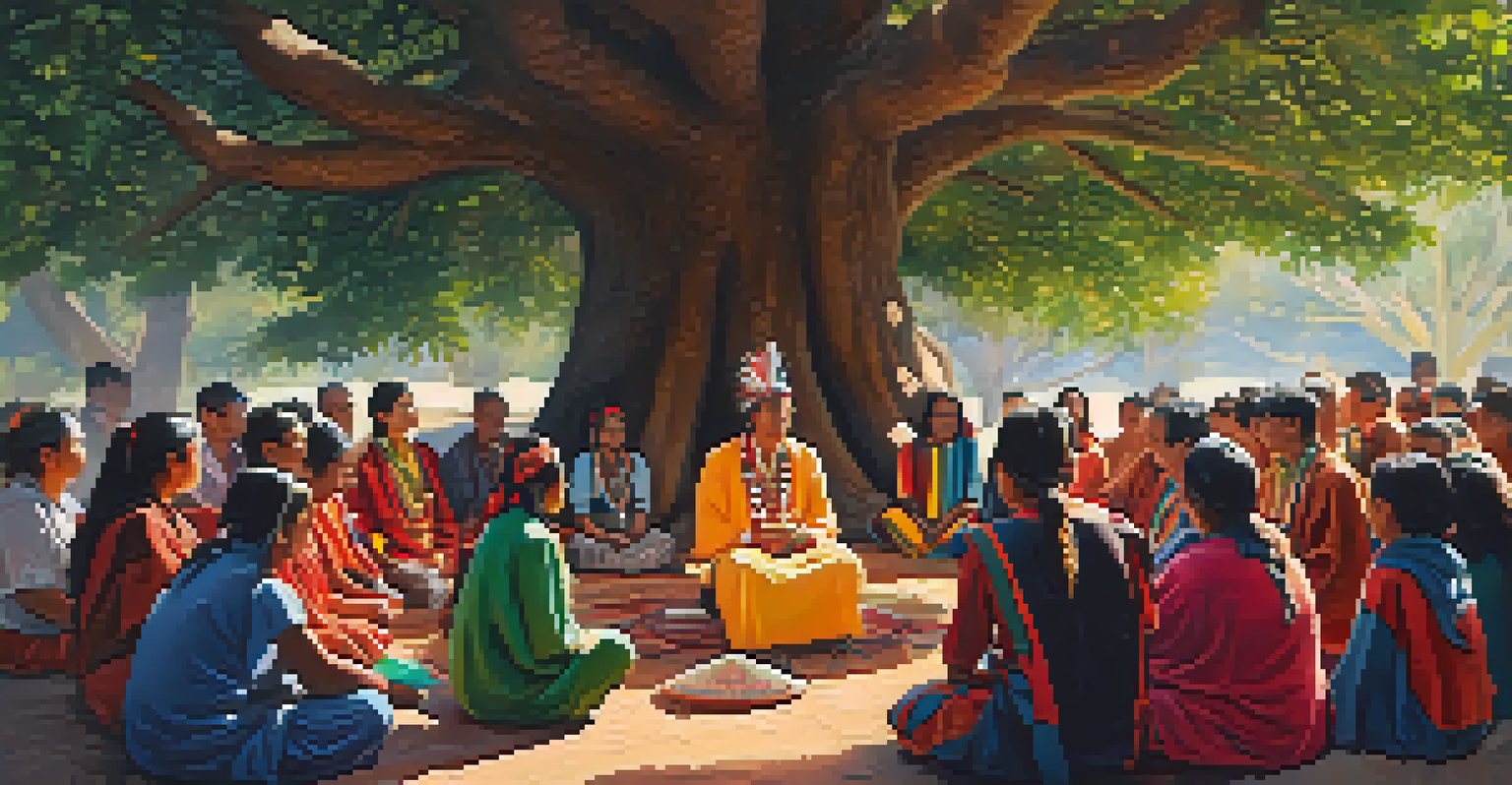 A group of Indigenous people in traditional clothing participating in a peyote ceremony under a large tree.