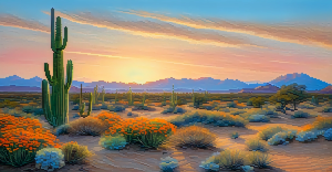 A peaceful desert scene with a Peyote cactus under a colorful sunset sky.