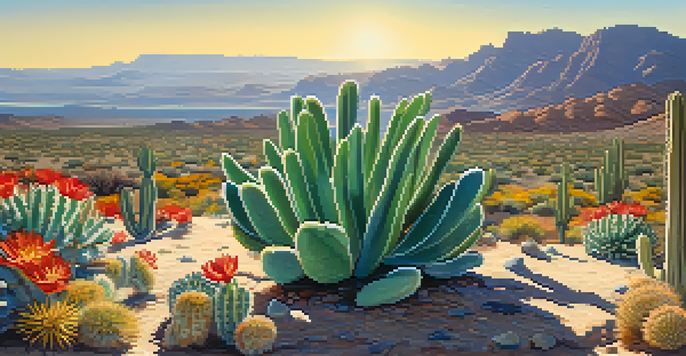A small peyote cactus in a colorful desert landscape with flowers and rocks under a clear blue sky.