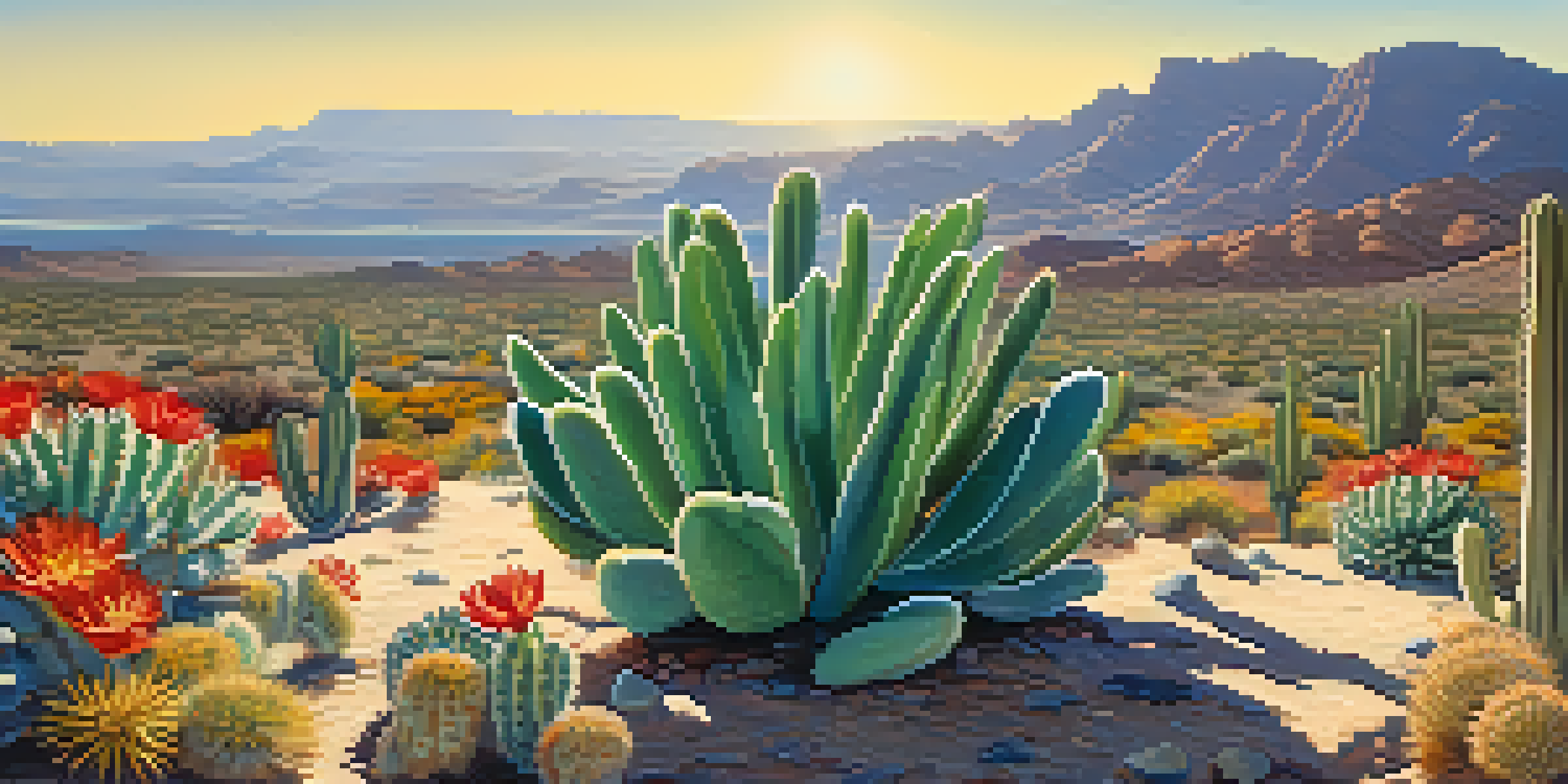 A small peyote cactus in a colorful desert landscape with flowers and rocks under a clear blue sky.