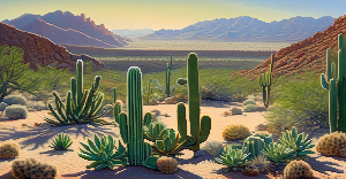 A peaceful desert scene with green peyote cacti, blue sky, and mountains in the background.