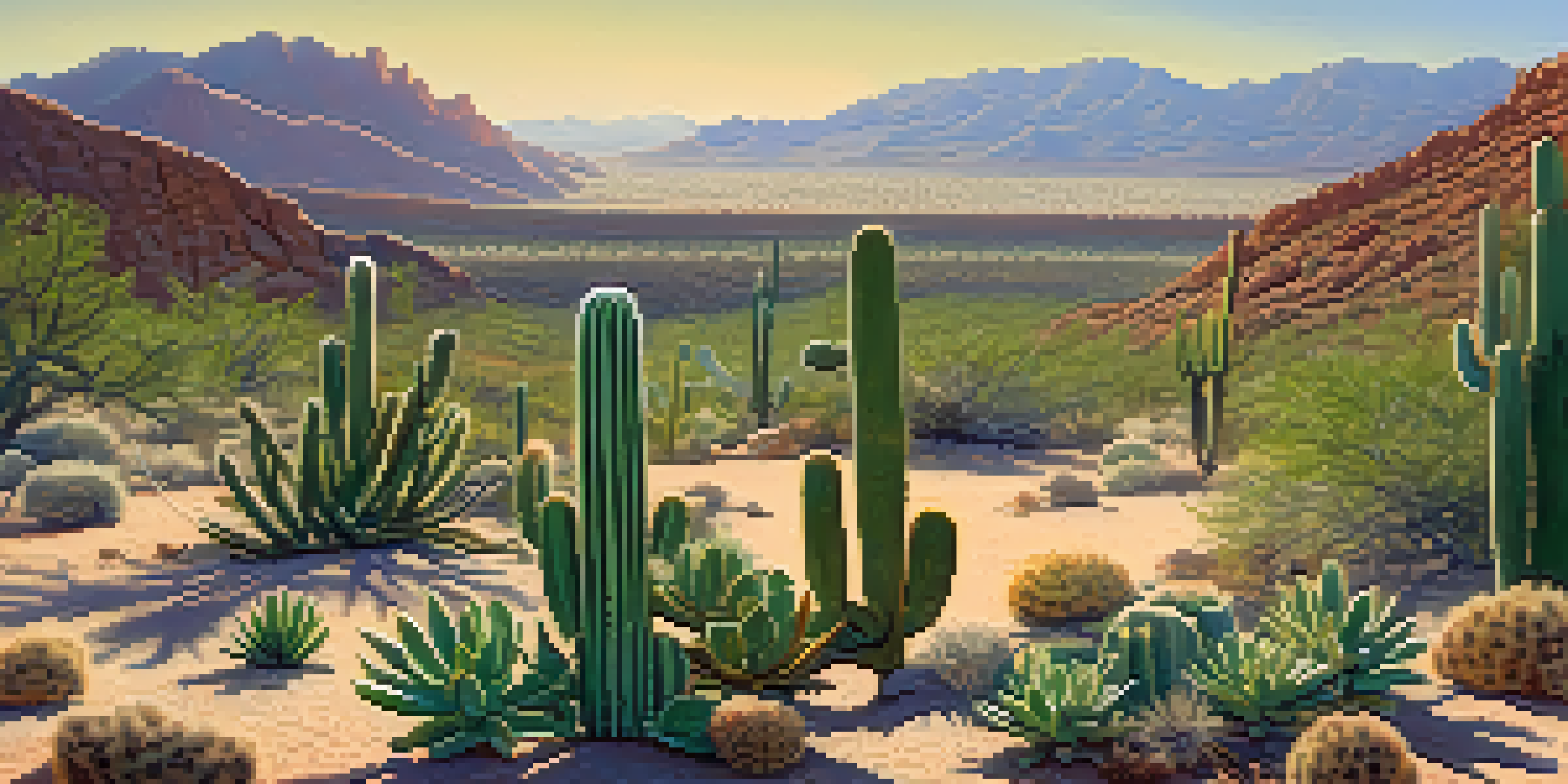 A peaceful desert scene with green peyote cacti, blue sky, and mountains in the background.