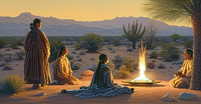 A traditional peyote ceremony in a desert landscape, with participants around a fire under a warm sunset.