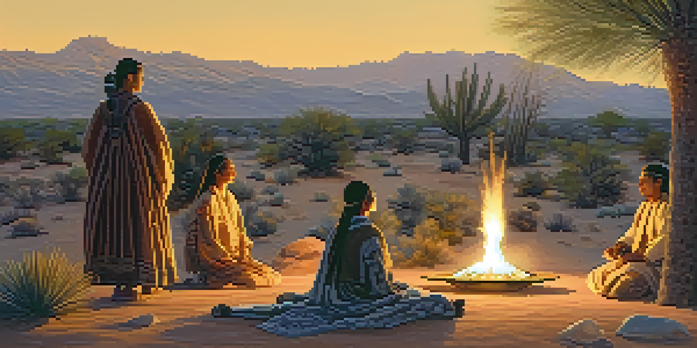 A traditional peyote ceremony in a desert landscape, with participants around a fire under a warm sunset.