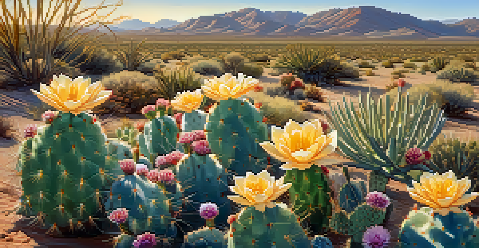 A Peyote cactus surrounded by colorful desert flowers under a clear sky.