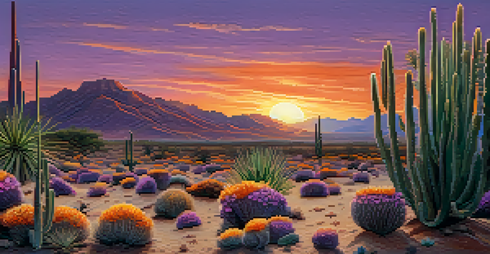 A close-up of a peyote cactus in a desert landscape during sunset, showcasing its details against a colorful sky.