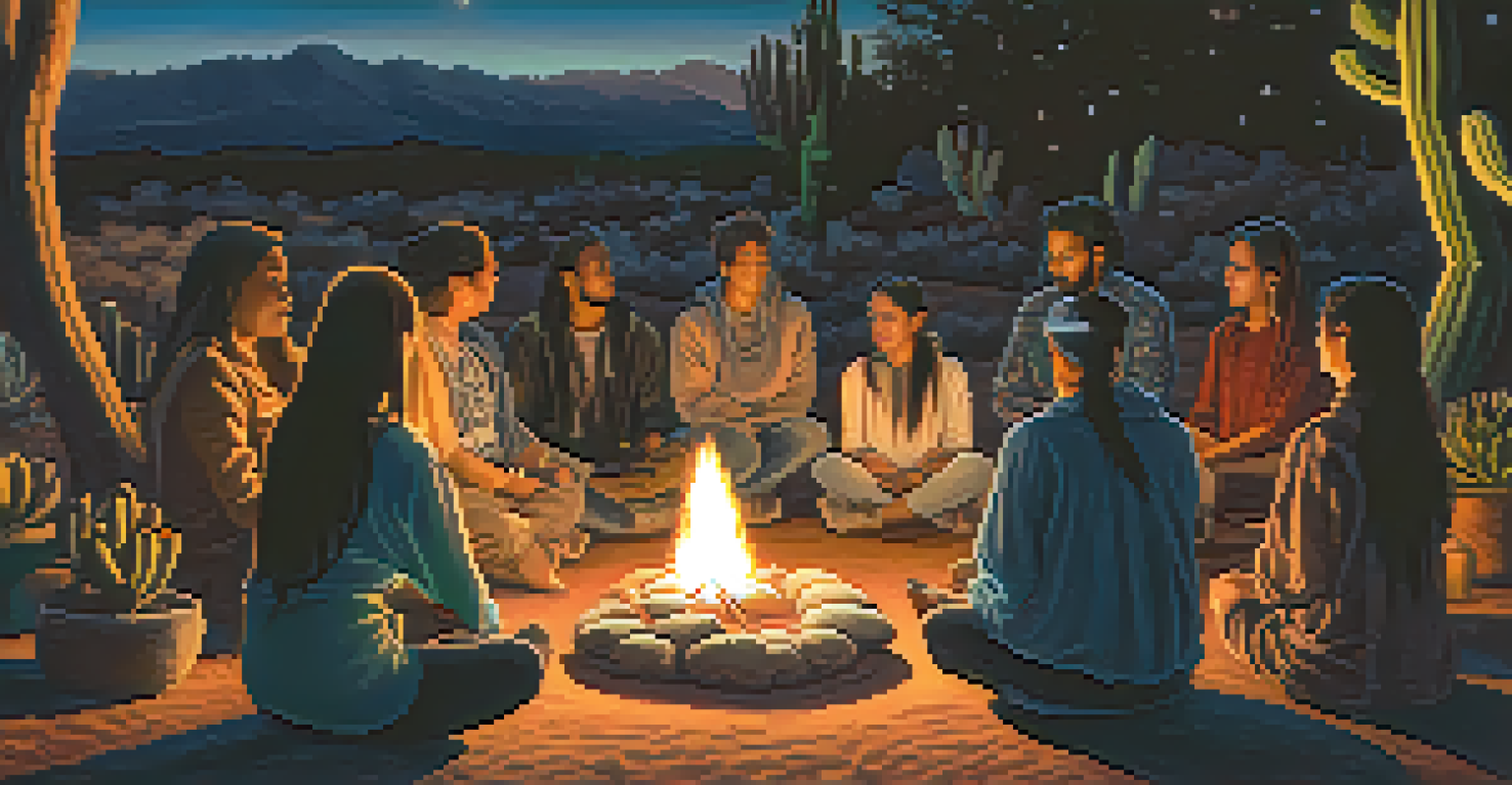 A group of people gathered in a circle for a peyote ceremony under a starry sky, with a campfire glowing.